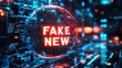 © Liliya - glowing digital globe of code with bright red fake news text hovering over neon blue and orange circuitry conveying alarm, urgency and digital misinformation