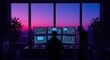© moyabalinda - Modern Cyberpunk Programmers Coding Station with Multiple Monitors and Night Skyline