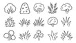 © Nargis - A collection of various plant and tree illustrations are displayed in a simple linear black and white style on a white background high quality professional detailed