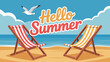 © Peradox - A vibrant illustration depicts two deck chairs on a sandy beach under a clear blue sky with a seagull flying overhead high quality professional detailed modern