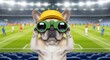 © Marlon - A playful French bulldog wearing green goggles and a yellow hat at a soccer stadium Brazil 2026 soccer world championship green and yellow.