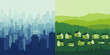 © Ross - Urban city skyline versus rural countryside neighborhood comparison, blue and green landscape illustration of town planning and lifestyle contrast