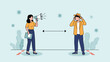 © Rafiya1727 - Professional woman uses a megaphone to communicate with a man from a safe social distance indicated by lines and arrows in a pandemic.
