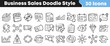 © Vectoravec - Thirty hand drawn business sales marketing strategy icons displayed in a clean doodle style outline format