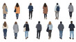 © Ripon - View from behind of a diverse group of men and women walking in various directions wearing casual and business attire on white.