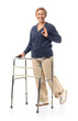 © Pixel-Shot - Mature woman with walking frame showing OK on white background