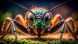 © viscos - Macro shot of an insect with large eyes, detailed exoskeleton, and vibrant colors. Insect on mossy surface, backlit by light