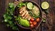 © CreativeCreations - Vibrant Quinoa Salad Bowl with Grilled Chicken, Avocado, Cherry Tomatoes & Lime on Rustic Wood Background - Healthy & Fresh Meal
