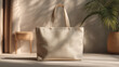 © inayah - A wide tote bag mockup, minimalistic and super professional, placed in a serene and sophisticated setting. The bag is in a soft raw cotton / beige tone, inspired by the AVVA essence (natural, calm, el
