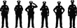 © Mst - Set of police officer silhouettes in various poses including saluting and standing, law enforcement security vector illustration isolated on white background.