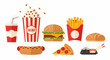 © Warung - A vibrant collection of popular fast food items including a burger, pizza, hot dog, fries, popcorn, soda, sushi, and a bread roll on a white background.