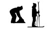 © Laboni49 - Skier silhouette vector set, winter sports athlete standing with skis and poles, person building a snowman in snow, black minimalist winter activity icons