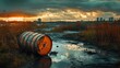 © ConceptExpert - Rusty industrial waste barrels leaking hazardous chemicals into a polluted urban canal during a stormy dusk.