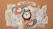 © Jiraporn - Hand holding alarm clock collage time management concept. Concept of time management with clock and planning tools.