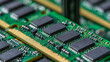 © Naufal - Extreme macro close up of computer RAM memory chips showing intricate circuitry, electronic components, and high tech data processing hardware details.