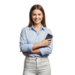 © sujon1638 - A cheerful young woman with long brown hair wearing a light blue shirt and white jeans standing confidently while holding a modern black smartphone in her hand,png
