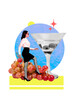 © deagreez - Vertical sketch 3d artwork collage poster of serious girl walk grape branch sweet fruit martini glass toast friday relax occasion