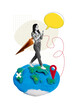 © deagreez - Vertical photo collage of happy girl hold phone gps navigator route summer travel geolocation plane globe isolated on painted background