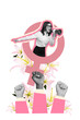 © deagreez - Vertical photo collage of angry girl scream loudspeaker feminism strike lily flowers hands fist bloom isolated on painted background