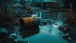 © Concept2Photo - Rusty industrial waste barrels leaking into a polluted urban canal with dim lighting