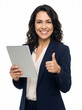 © Olga Ко - Empresária brasileira confiante e sorridente de terno azul segurando um tablet e mostrando o polegar para cima isolada em fundo branco