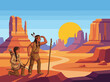 © Liutao - A vivid scene depicting an Indigenous tribe searching the vast desert landscape under a setting sun, emphasizing their connection to nature and tradition.