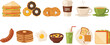 © MdRoni - Flat vector illustration collection of breakfast food and cafe drinks featuring club sandwiches, glazed donuts, croissants, hot coffee, tea, pancakes, and sausages.
