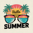 © Tanjina - Vibrant summer graphic with sunglasses and palm trees on a sunny beach