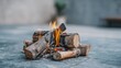 © Emilio - Small campfire with burning wood logs on concrete surface. Minimal flames, glowing embers and smoke, simple outdoor fire setup, survival, warmth and rustic atmosphere
