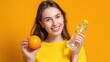 © Alex Pyatko - Young woman enjoys healthy routine with orange and water on sunny yellow background Generative AI