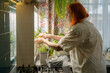 © Sk Elena - A 70-year-old woman with red hair prunes a houseplant under artificial grow light. The image shows her adapting to indoor gardening conditions. Grandma caring for plants with lamp.