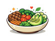 © Coosh448 - Paleo diet healthy meal bowl filled with grilled meat, fresh vegetables, avocado slices, and herbs arranged in a balanced natural composition. The scene