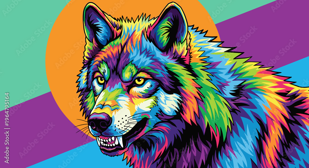 Colorful dire wolf illustration with vibrant patterns and dynamic ...