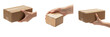 © michael - Set of hands holding brown cardboard boxes, delivery service and sustainable product packaging concept isolated on white background.
