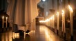 © Frimpong - Row of Lit Candles in a Church with Monks Walking.