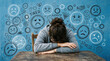 © SnapNshine - A young person with their head down on a table is surrounded by hand-drawn sad faces and words indicating stress and loneliness, representing emotional distress and mental health struggles.