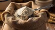 © Video1 - Close-up of a Measuring Cup Filled with Flour Inside a Burlap Sack.