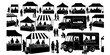 © Me`o - A bustling outdoor farmers market scene with vendors shoppers and food trucks presented as a silhouette on transparent background high quality