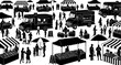 © Me`o - A bustling outdoor farmers market scene with vendors shoppers and food trucks presented as a silhouette on transparent background high quality