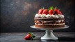 © Jane Studio - A delectable chocolate cake layered with creamy frosting and adorned with fresh strawberries, presented on an elegant cake stand