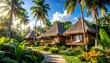 © patuy - Tropical resort with thatched-roof bungalows, lush greenery, and palm trees under a sunny sky