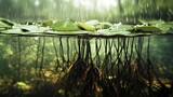15.Detailed nature composition featuring water lily roots and stems viewed underwater, raindrops distorting the surface above, gentle green and brown hues, calm meditative scenery with open copy