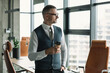 © be free - Coffee break. Businessman in corporate office. Business man at coffee break. Businessman relaxing with coffee cup. CEO having free time. Business break for drinking. Businessman drinking coffee