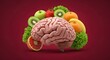 © joge - human brain with vegetables and fruits concept of healthy living , eating healthy food isolated on Burgundy