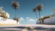 © sornram - A serene view of a palm-lined road leading to the ocean under a clear blue sky.