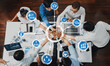 © InfiniteFlow - A dynamic office scene featuring a diverse team collaborating around a table. Hands join together over laptops with data charts, symbolizing unity and communication in business. Amity