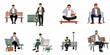 © Muqodimatul - Collection of flat vector illustrations depicting men reading books, studying, and relaxing on park benches, isolated on a white background.