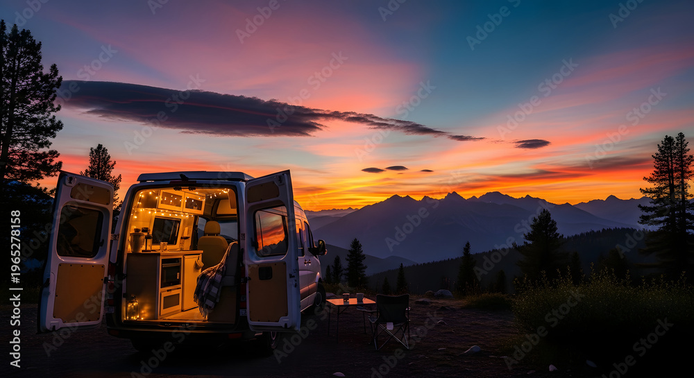 Camper van with lights on parked in mountains at sunset Stock Photo ...