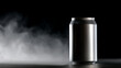 © photo for everything - Blank metal beverage can with condensation and cold vapor on a dark background, perfect for product mockups and advertising, cold drink display