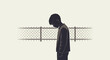 © Xena - Silhouetted figure of a boy with head bowed near a chain-link fence